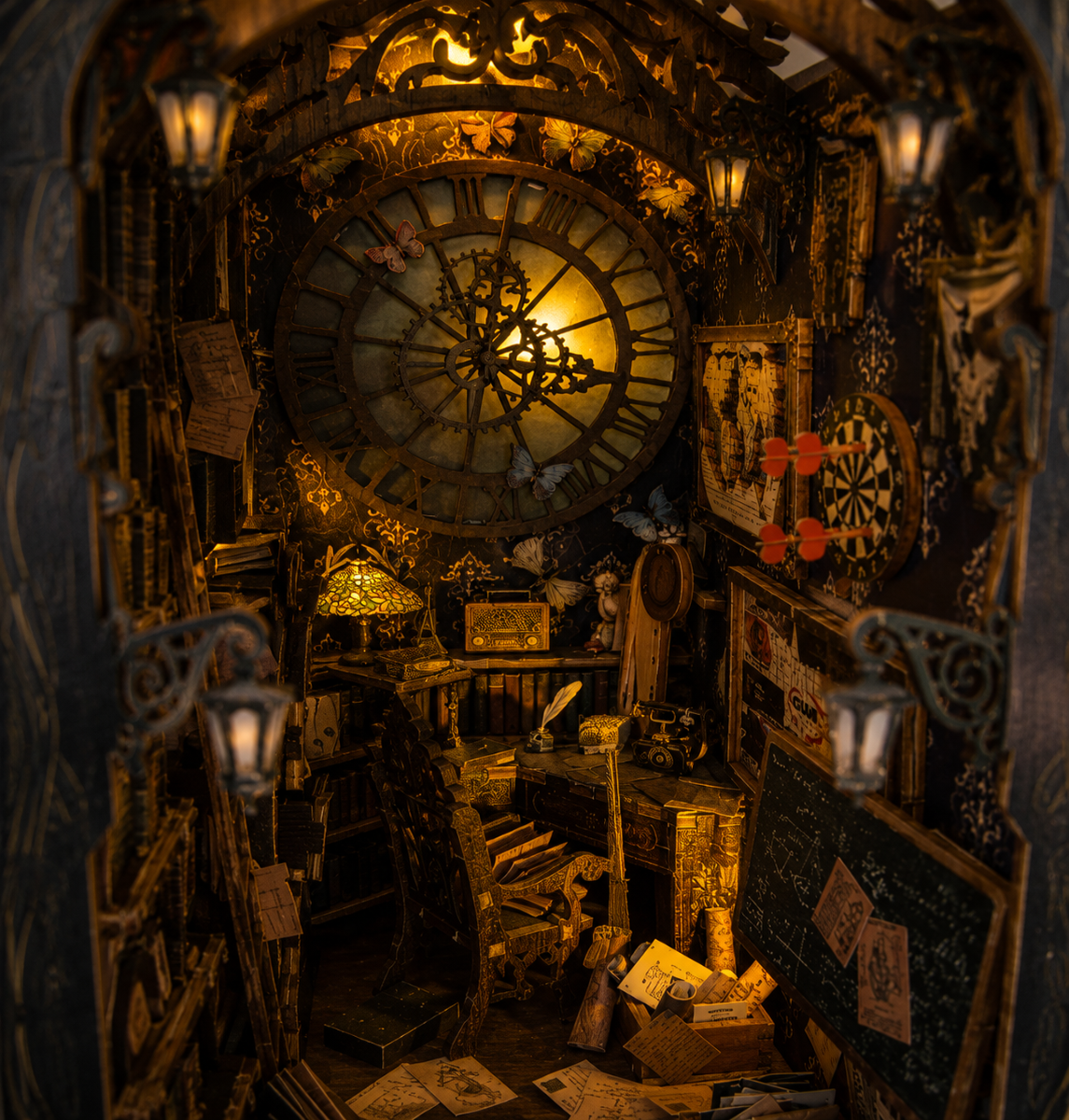 Detailed model of a room with a large clock, books, and various objects in a dark setting.