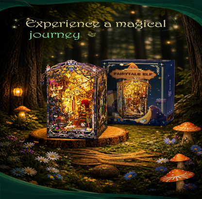 Fairy tale elf toy set with glowing interior in a forest setting