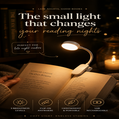 Book with a light on it, surrounded by cozy elements like candles, with text about the light's benefits.