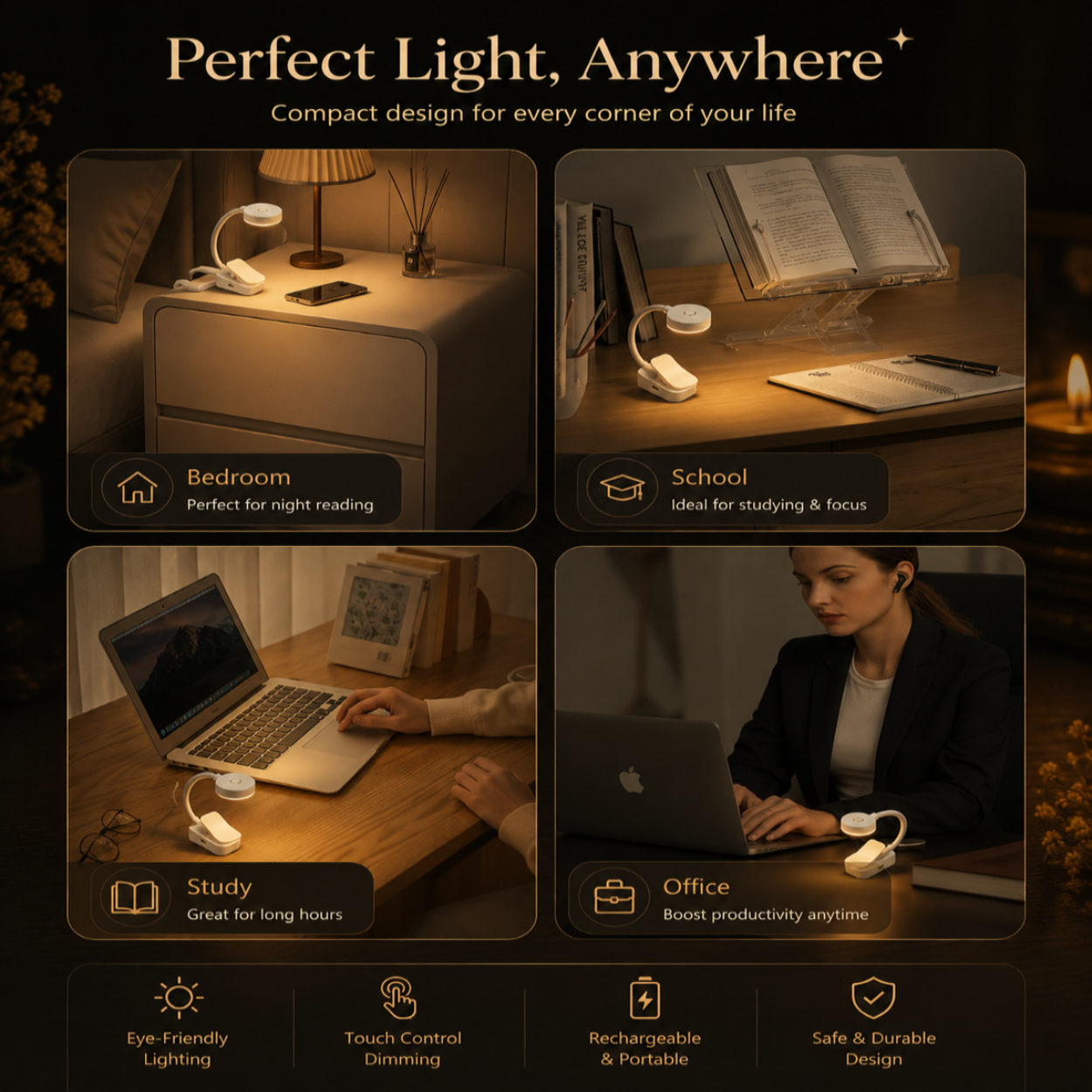 Lighting solution with various use cases including bedroom, school, study, and office.